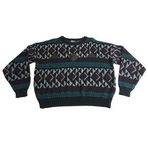 Vintage Impact Sweater Mens L Geometric Acrylic Leather Knit Grandpa Aztec USA